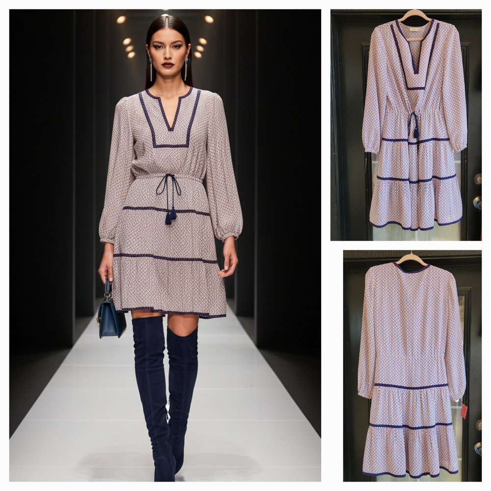 Tory Burch Cream Geometric-Print Long-Sleeve Tie-Waist Dress with Navy Trim